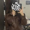 Ashley Int. Faux Leather Jacket Vintage Y2K Brown Lace